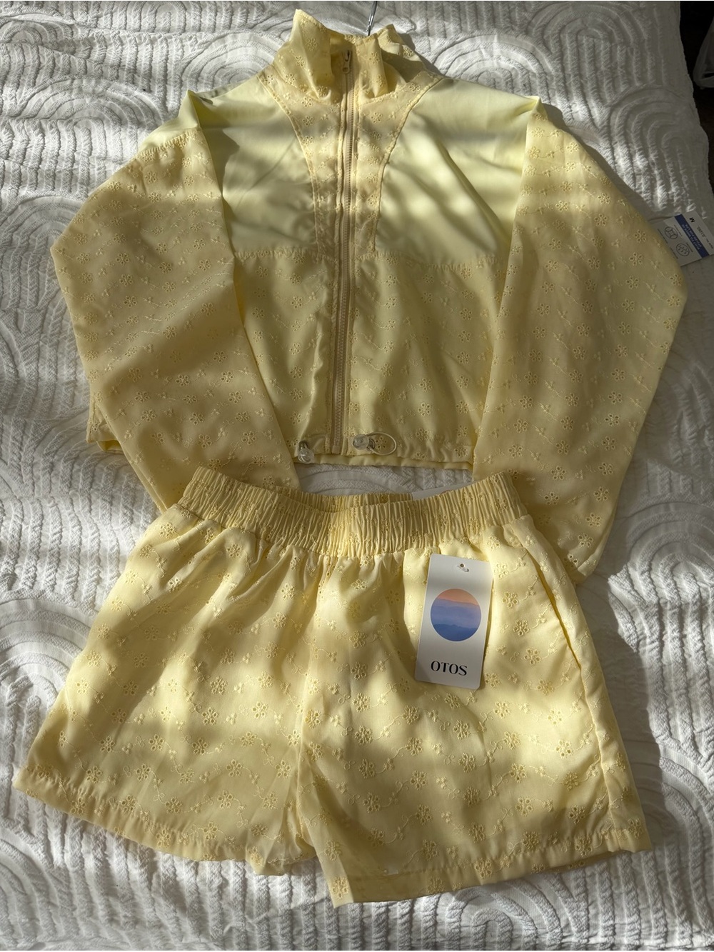 OTOS Pale Yellow Eyelet Two-Piece Set - Zip Jacket & Shorts